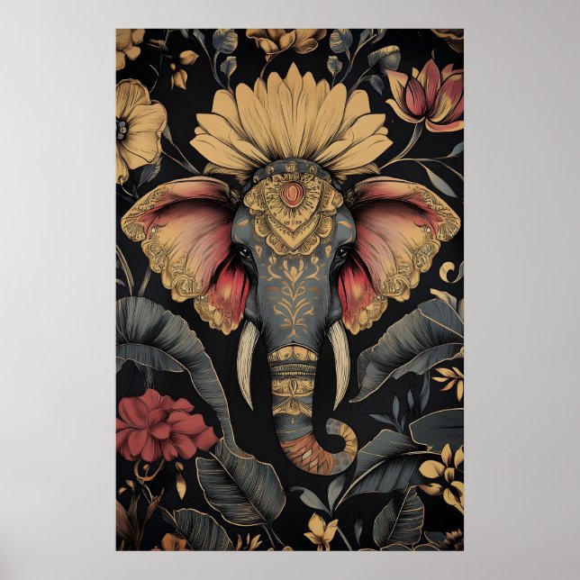 Impression d'art floral éléphant – Dessin indien v (Devant)