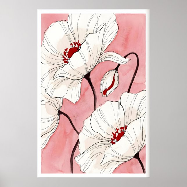 Impression d'art floral Ink Poppy avec lignes fine (Devant)