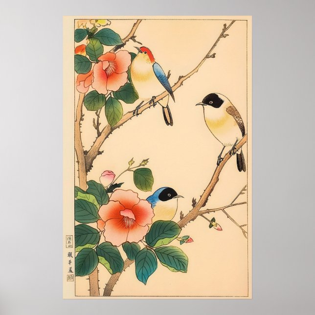 Impression d'art floral oiseau japonais - Bois vin (Devant)