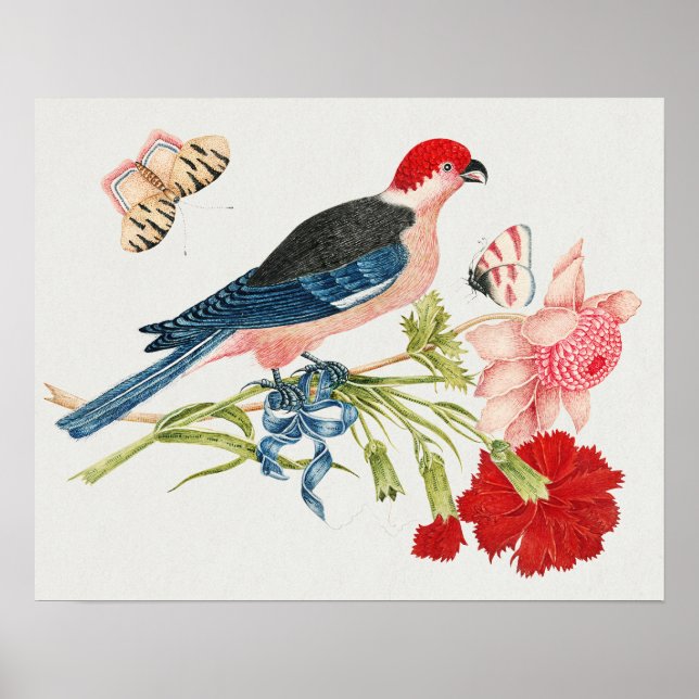 Impression d'art floral papillon oiseau rose vinta (Devant)