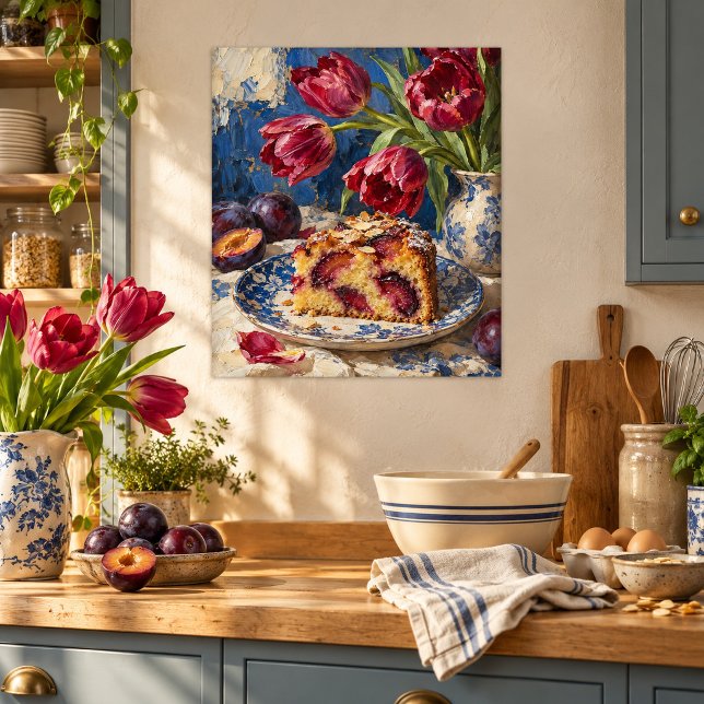 Impression d'art Gâteau aux prunes et tulipes (Unframed paper art print. All texture effects are printed. Room styling props are not included.)