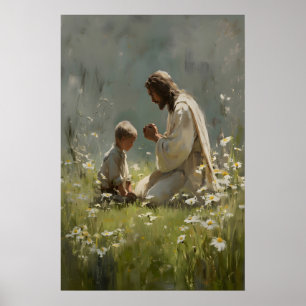 Impression d'art Jésus et garçon priant pour la nu