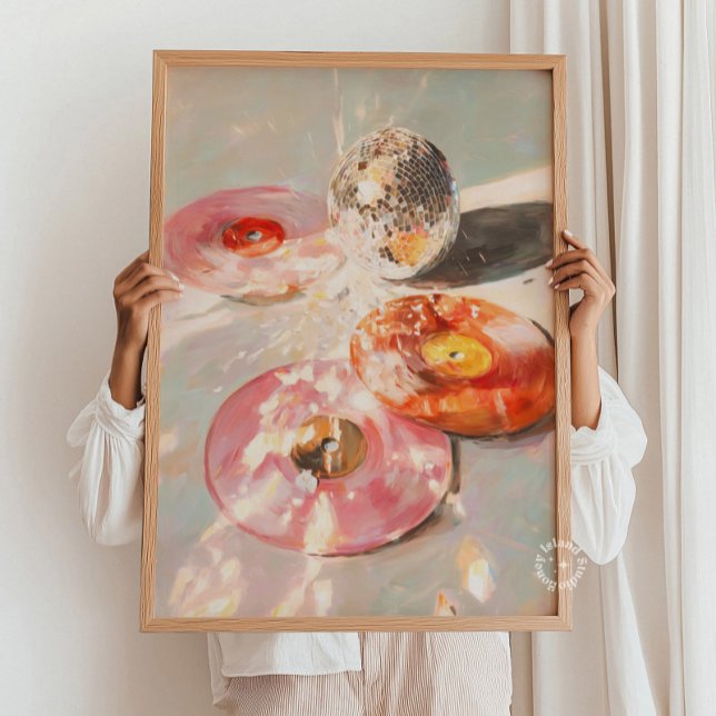 Impression d'art Martini & boule à facettes : Bar  (Martini & Disco Ball Art Print: Light Pink Bar Car Poster)