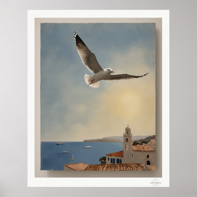 Impression d'art Mouette au-dessus des toits, ciel (Devant)