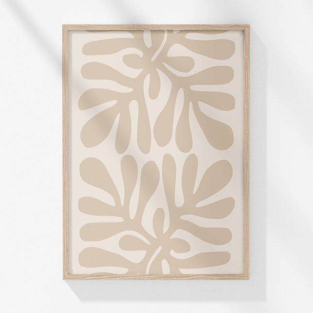 Impression d'art mural abstrait botanique boho neu (Boho Muted Beige Neutral Botanical Abstract Art Poster in a wooden frame on a sunny white wall.)