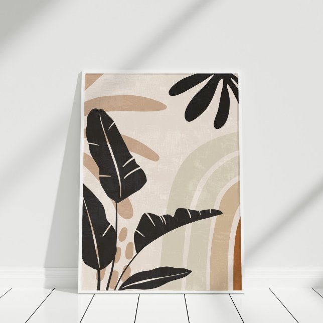 Impression d'art mural abstrait botanique de ton t (Boho Abstract Earth Tone Leaves and Rainbow Poster in a white frame.)