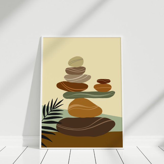 Impression d'art mural abstrait en terre cuite Zen (Boho Terracotta Abstract Zen Stones Poster in white frame against white wall.)