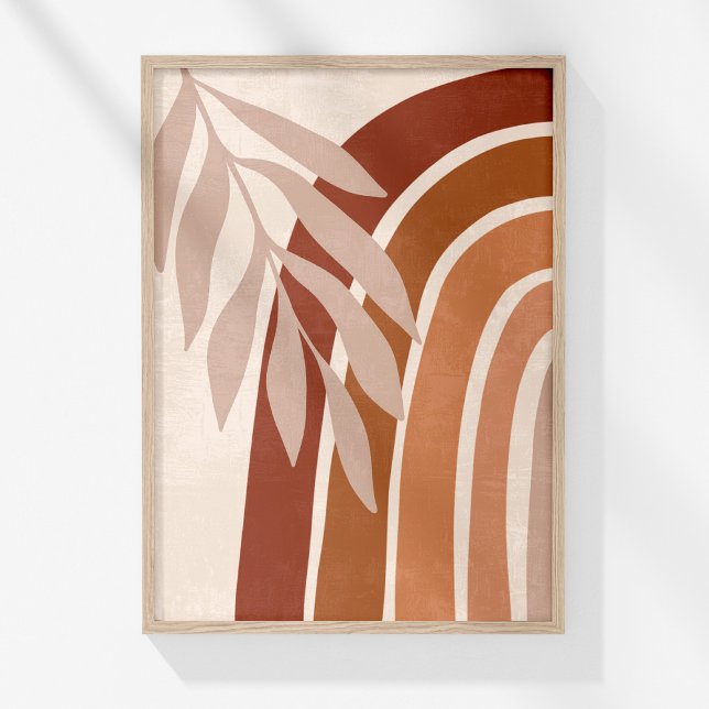 Impression d'art mural arc-en-ciel de feuille de p (Boho Muted Neutral Abstract Rainbow and Leaves Art Poster in a wooden frame on a sunny white wall.)