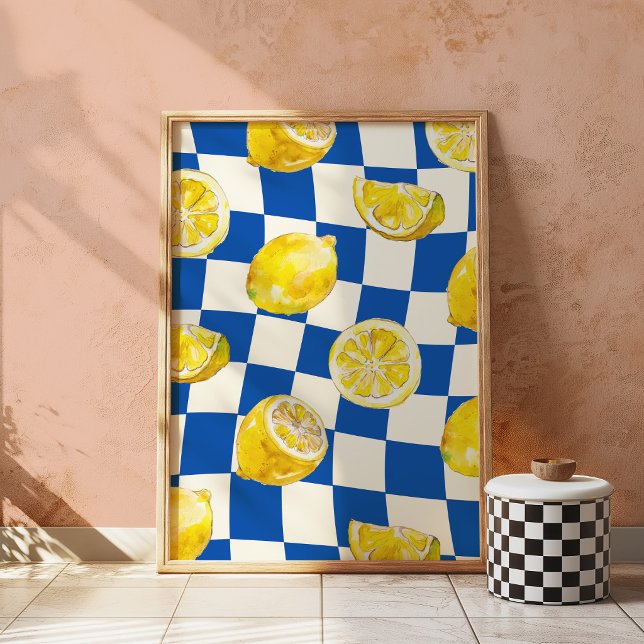 Impression d'art mural au citron à damier bleu (Créateur téléchargé)