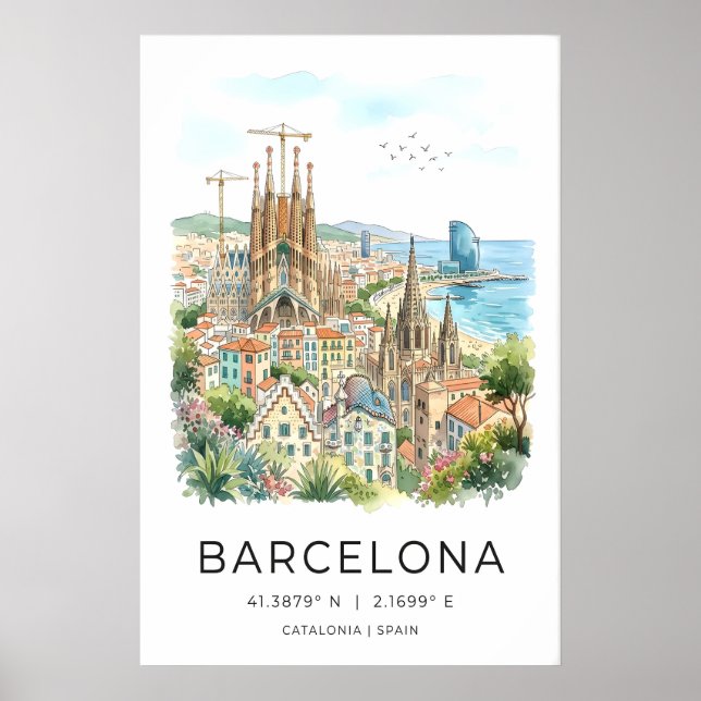 Impression d'art mural de Barcelone aquarelle colo (Devant)