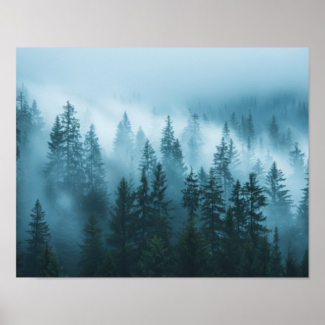 Impression d'art mural de forêt de pins brumeuse | (Devant)