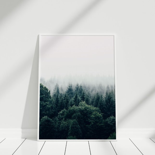 Impression d'art mural de forêt de pins brumeuse s (Scandinavian Foggy Pine Forest Poster in a white frame.)