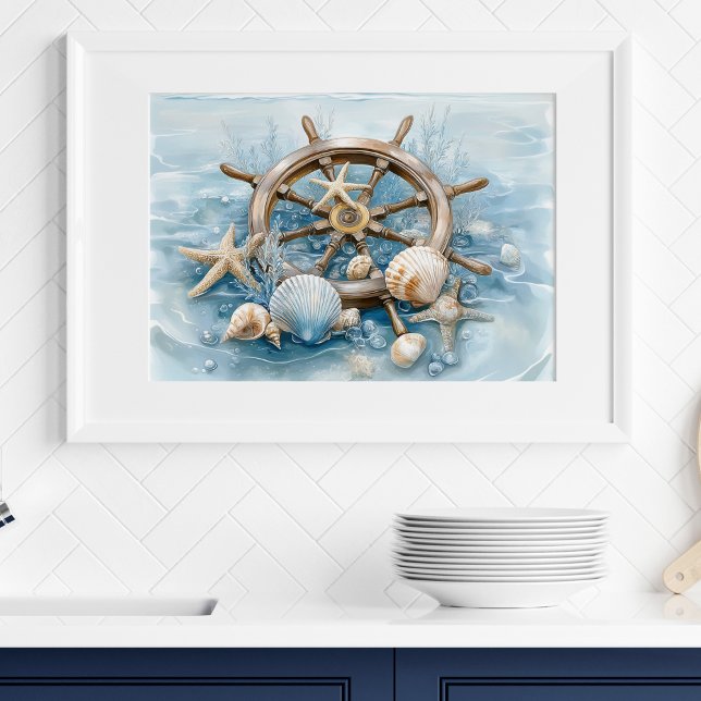 Impression d'art mural de gouvernail nautique côti (Nautical Helm Coastal Wall Art Print | Wall Poster by TinkPrints.)