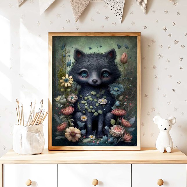 Impression d'art mural de la nurserie du renard no (Mystical Black Fox Nursery Wall Art Print by TinkPrints.)