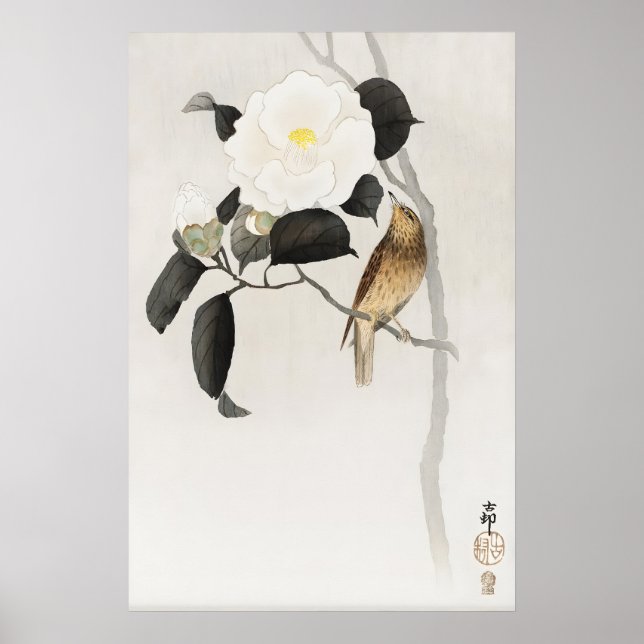 Impression d'art mural de l'oiseau Camélia japonai (Devant)