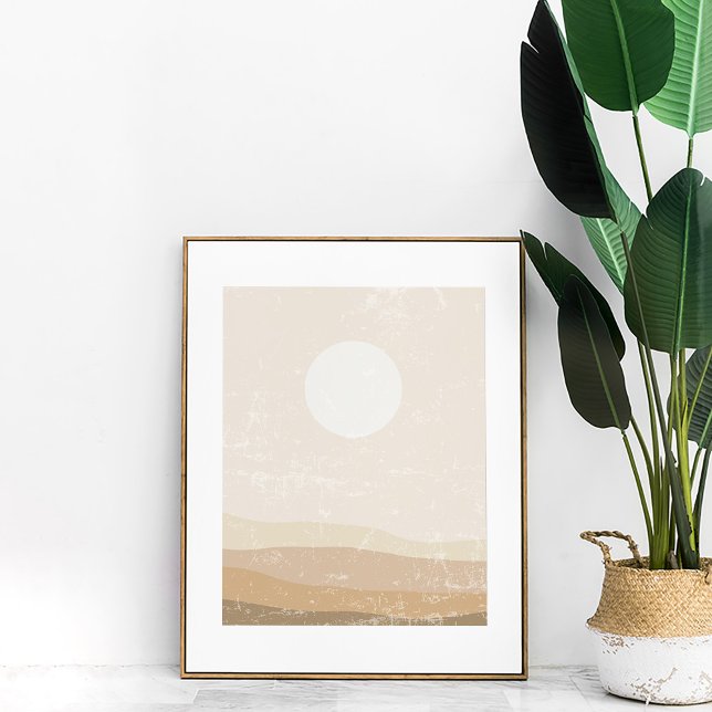 Impression d'art mural de paysage de coucher de so (Boho Minimalist Neutral Sunset Wall Art in a copper frame next to a large plant.)