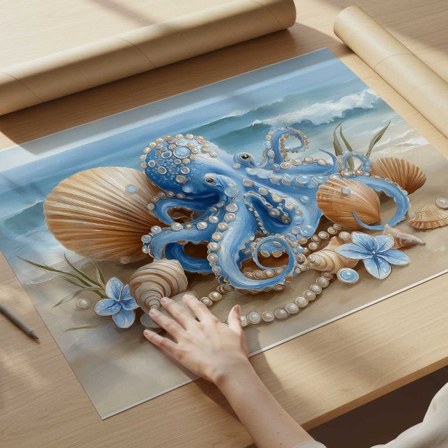 Impression d'art mural du Poulpe Bleu Côtiers | Af (Blue Octopus Coastal Wall Art Print | Wall Poster by TinkPrints.)