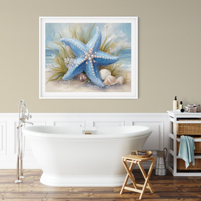 Impression d'art mural Étoile de mer bleue douce | (Soft Blue Starfish Coastal Wall Art Print | Poster by TinkPrints.)