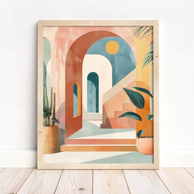 Impression d'art mural moderne méditerranéen boho (Modern Mediterranean Boho Arch Wall Art Print in a neutral wooden frame on the floor)