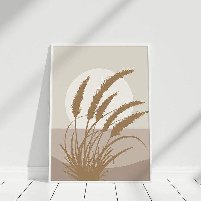 Impression d'art mural neutre de lune d'herbe de P (Boho Pampas Grass Full Moon Illustration Poster on a white frame against white wall.)