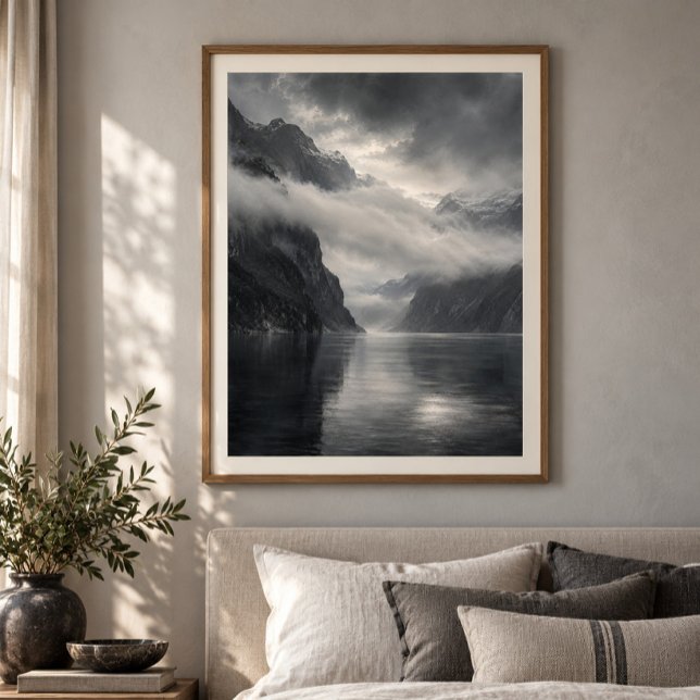 Impression d'art Nuage sur le Fjord (Styled display of Cloudbank over the Fjord Art Print. Frame, mat and furnishings shown for illustration; select framing options separately.)