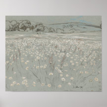 Impression d'art vintage de champ de fleurs blanch