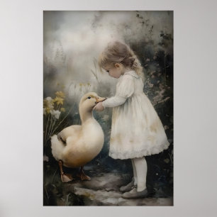 Impression d'art vintage de fille et de canard, ru