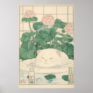 Impression de baignoire de chat blanc, Art japonai