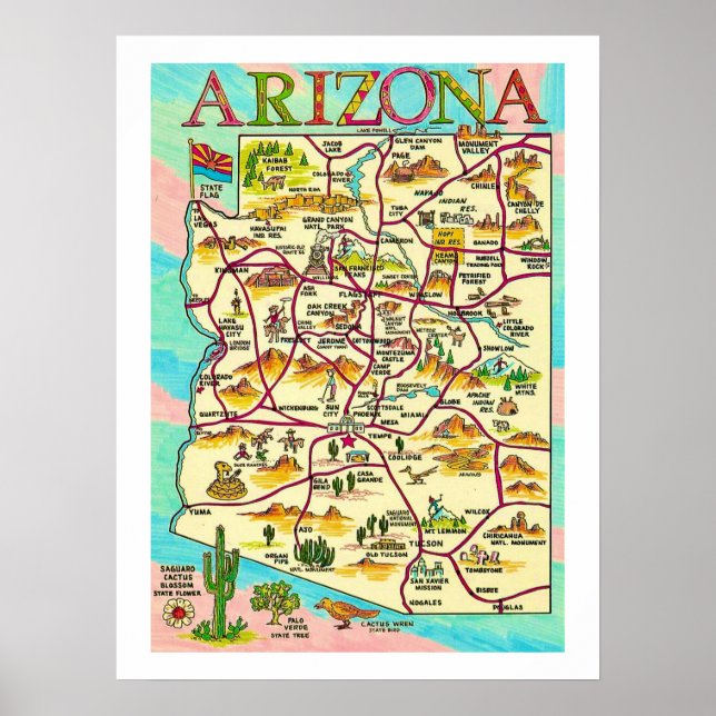 Impression de carte de l'Arizona illustrée colorée (Devant)