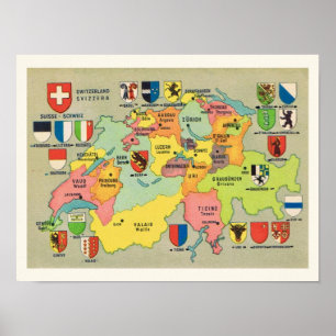 Impression de carte de Suisse vintage 12x16
