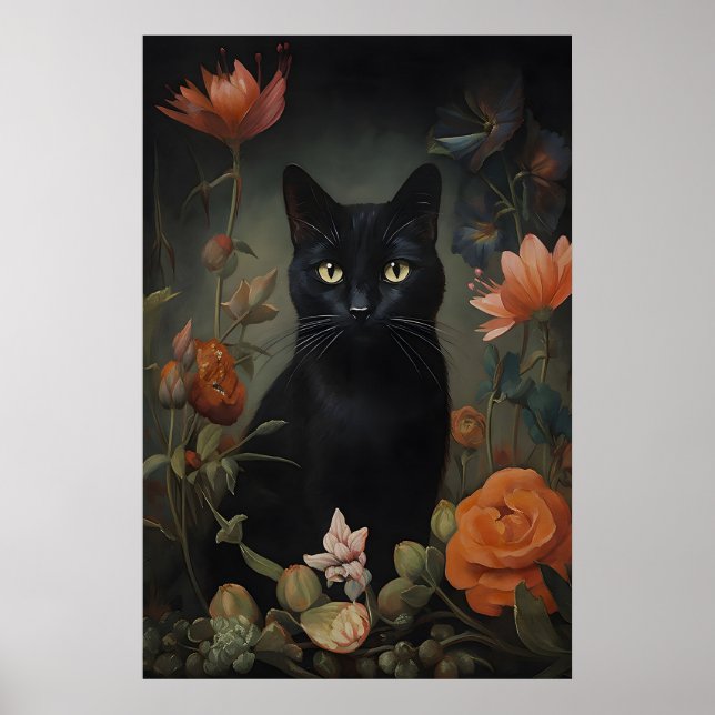 Impression de chat noir à fleurs, Affiche de chat  (Devant)