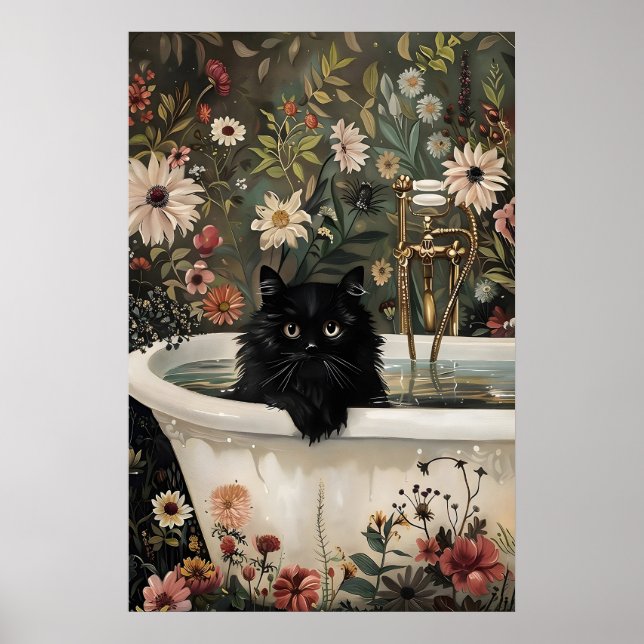 Impression de chat noir floral pour salle de bain, (Devant)