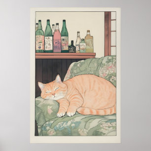 Impression de chat roux endormi Ukiyo-e Chambre ja