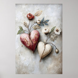 Impression de deux cœurs floraux, cœur romantique 