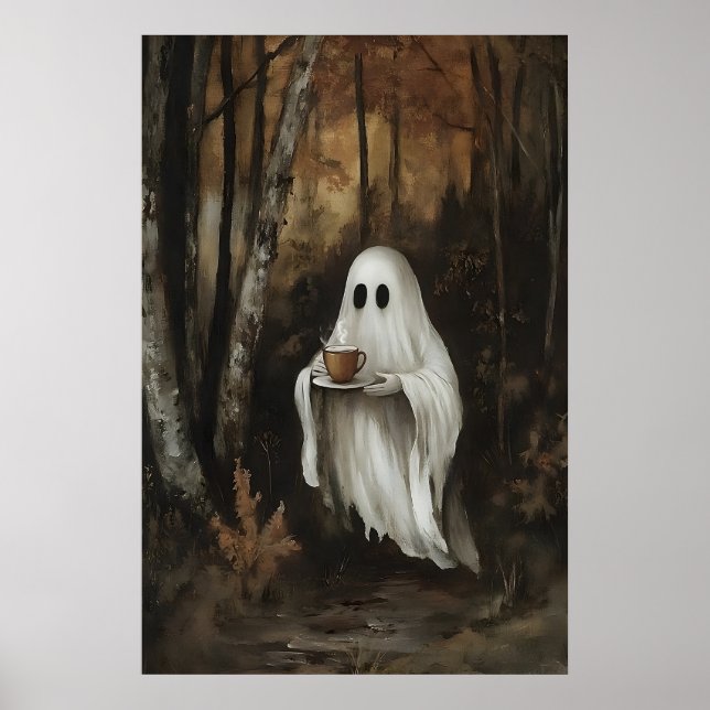 Impression de fantôme buvant du café dans une forê (Devant)