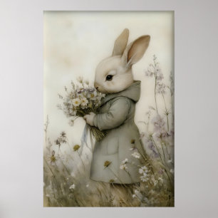 Impression de fleurs de lapin antiques, lapin de P