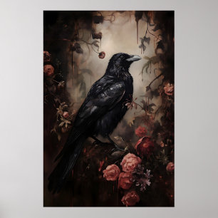 Impression de forêt florale de corbeau, Dark Acade