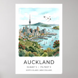 Impression de la skyline d'Auckland Art aquarelle