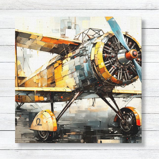 Impression de la toile de plan industriel Abstrait (Abstract Vintage Biplane - Masculine Aviation Canvas - Office and Game Room Wall Art)