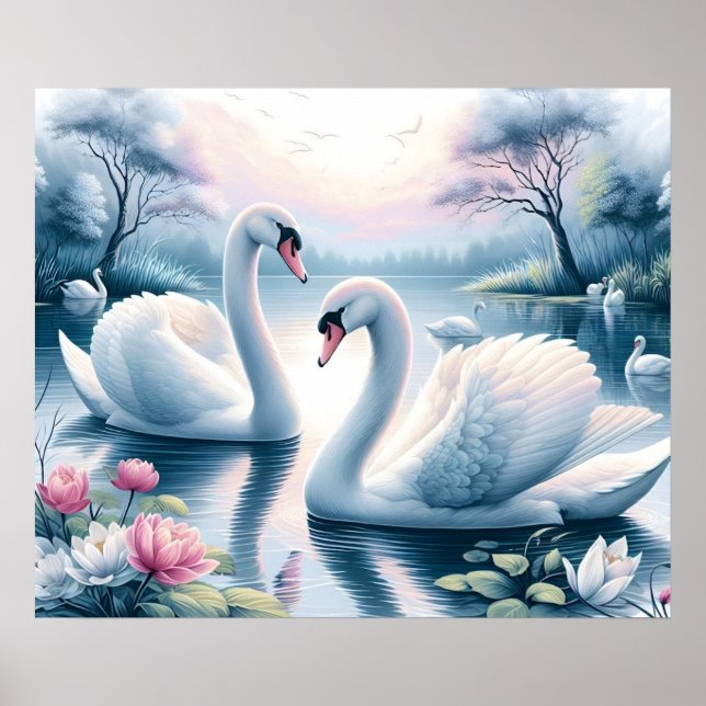 Impression de l'affiche - Les cygnes dans un étang (Devant)