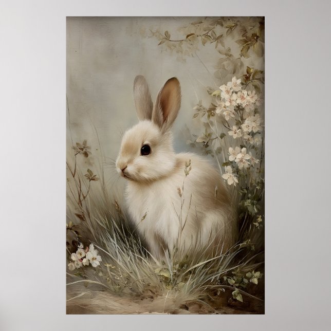 Impression de lapin à fleurs vintage, lapin antiqu (Devant)
