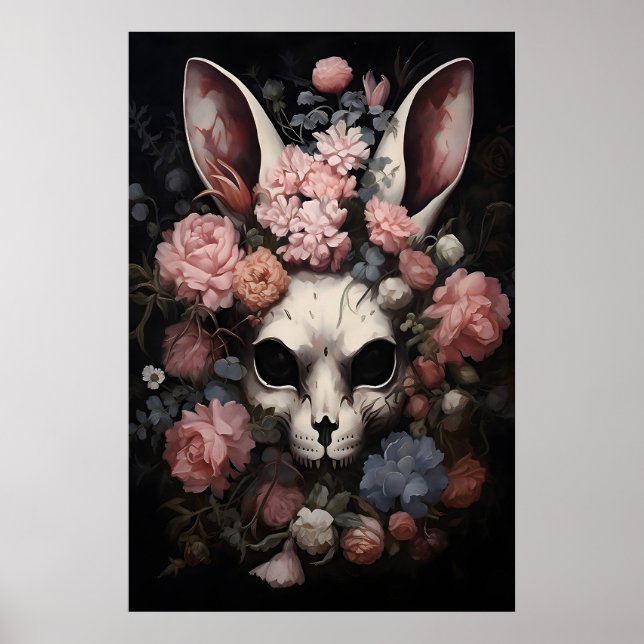 Impression de lapin crâne gothique, lièvre floral  (Devant)