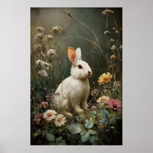 Impression de lapin de fleurs antiques, lapin de f
