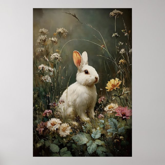 Impression de lapin de fleurs antiques, lapin de f (Devant)