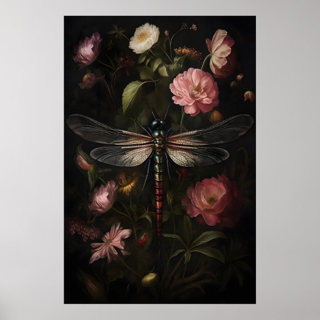 Impression de libellule Dark Academia, Fleur vinta (Devant)