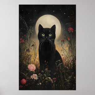 Impression de lune de chat noir floral, chat de fl