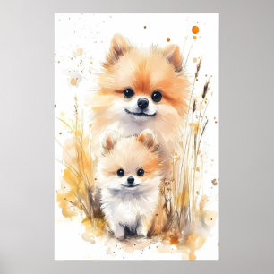 Impression de maman et bébé Pomeranian aquarelle,