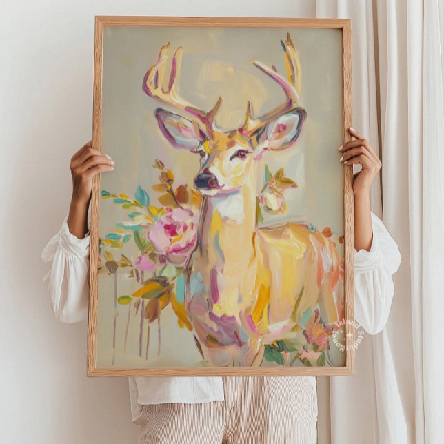 Impression de peinture florale pastel de cerf sur  (Modern Abstract Deer Painting Floral pastel Print)