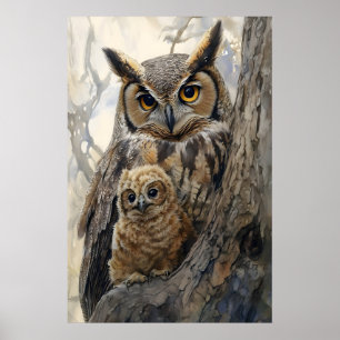 Impression de pépinière de maman et bébé hibou à l
