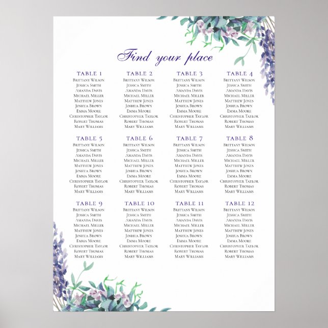 Impression de plan de table avec fleurs violettes. (Devant)